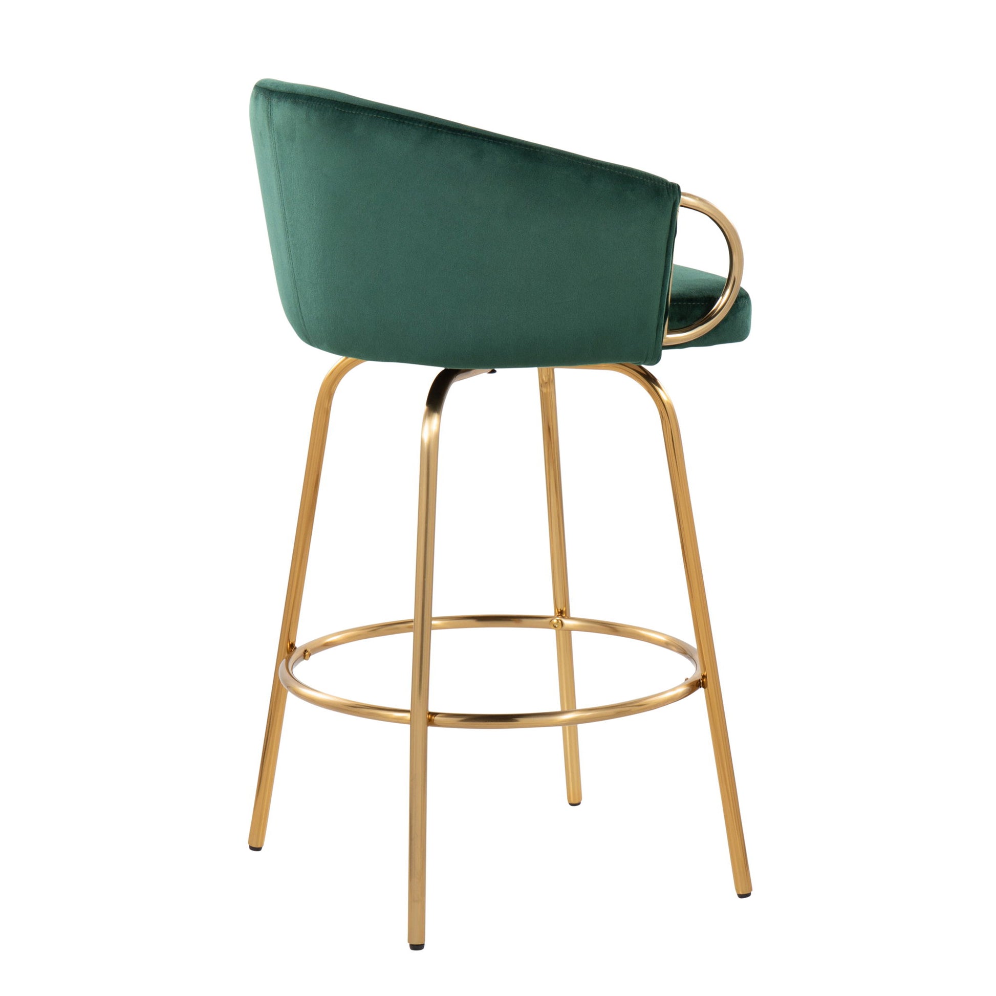 The Claire Contemporary & Glam Counter Stool (Set of 2) features a green upholstered seat, curved backrest, and gold metal legs with a circular footrest, showcased against a plain white background.