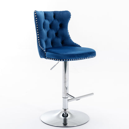 Set of 2 modern blue velvet barstools with tufted backs, chrome adjustable pedestal bases (seat height 25-33"), silver nailhead trim, and footrests. Ideal for home, pub, or kitchen island. Shown on a plain white background.