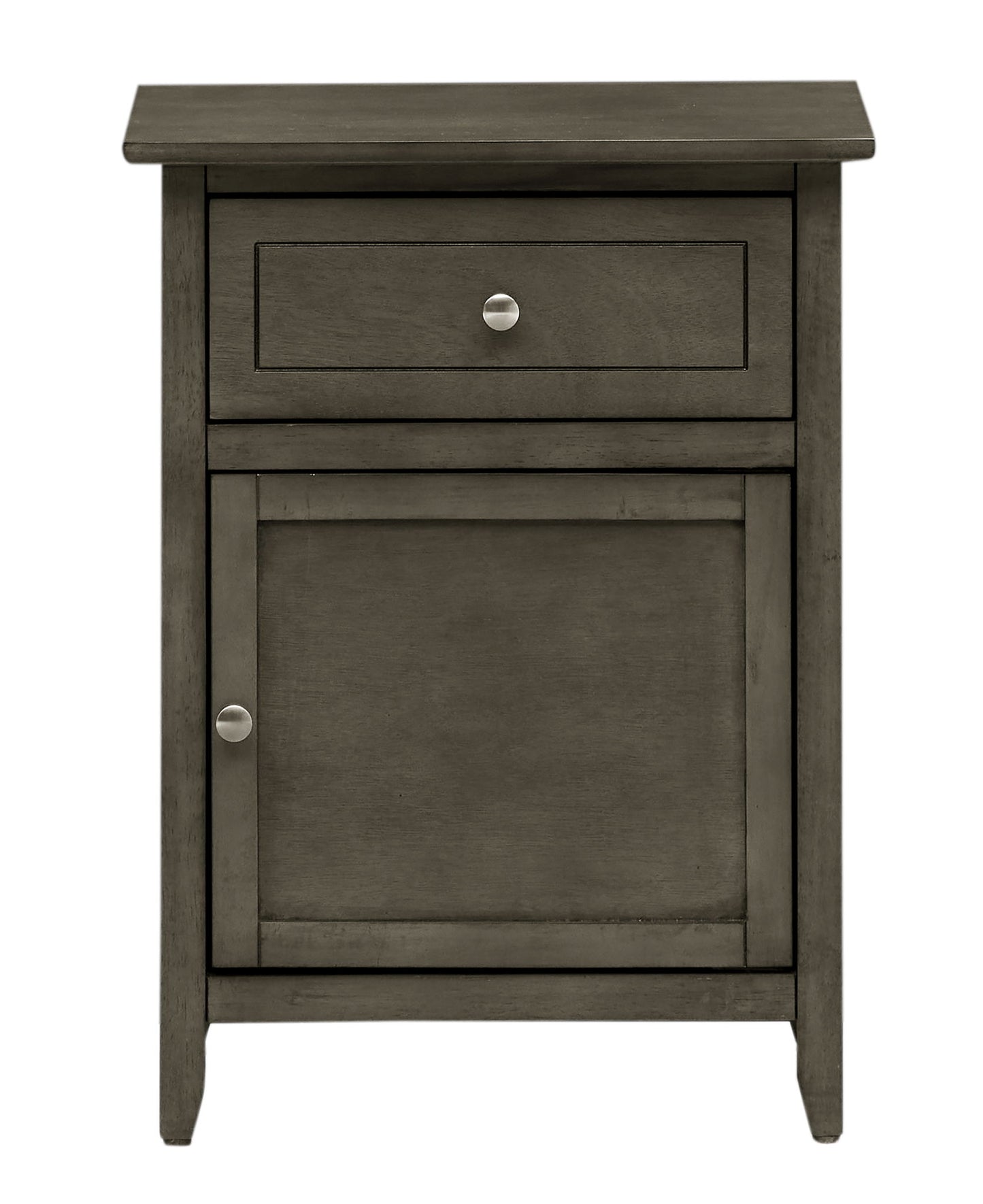 The Izzy Nightstand features dark wood, a single drawer with a round metal knob, a cabinet door below with its own knob, and stands on four sturdy legs.