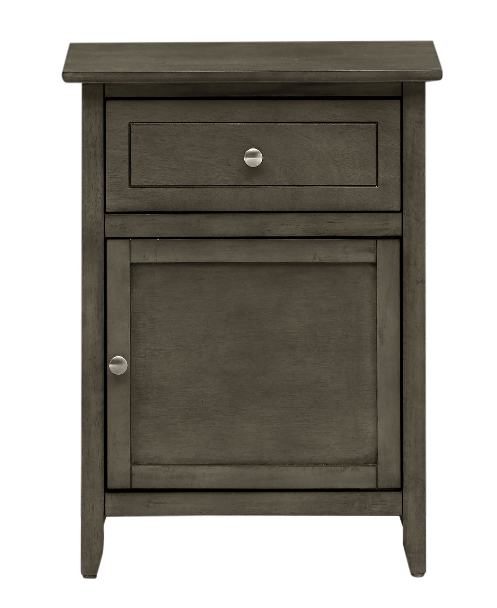The Izzy Nightstand features dark wood, a single drawer with a round metal knob, a cabinet door below with its own knob, and stands on four sturdy legs.