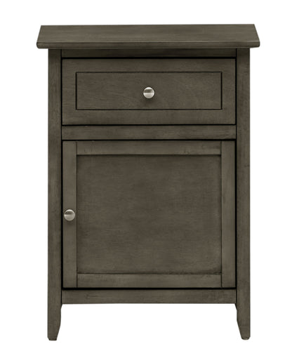 The Izzy Nightstand features dark wood, a single drawer with a round metal knob, a cabinet door below with its own knob, and stands on four sturdy legs.
