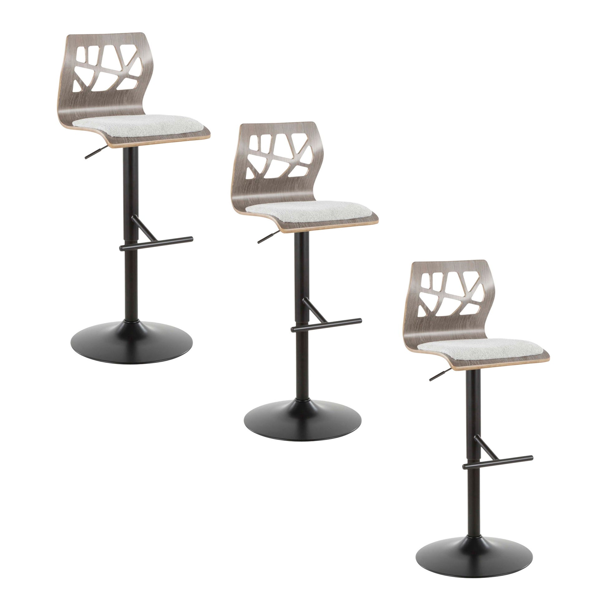 Set of 3 Folia Mid Century Modern adjustable barstools with swivel, light gray cushioned seats, geometric wood backs, black pedestal bases, and straight T footrests are shown at various heights against a white background.
