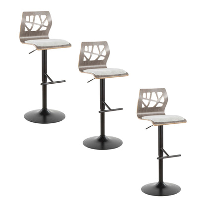 Set of 3 Folia Mid Century Modern adjustable barstools with swivel, light gray cushioned seats, geometric wood backs, black pedestal bases, and straight T footrests are shown at various heights against a white background.
