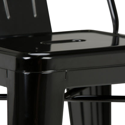 Close-up of the Rayne Multifunctional Metal Stool’s glossy black seat and lower backrest, showcasing its sleek industrial design and clean lines against a white background.