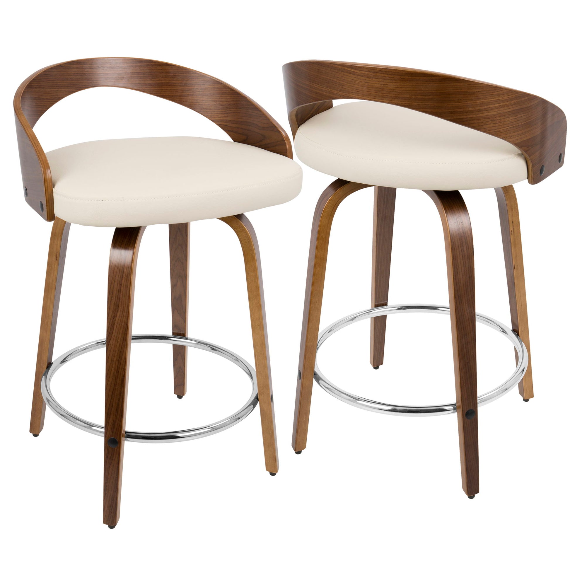The Grotto set includes two mid-century modern counter stools with swivel seats, curved wooden backs, beige cushions, wooden legs, and chrome footrests for a sleek, contemporary look.