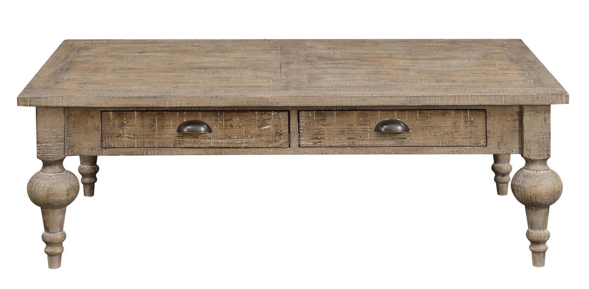 The Ludin Coffee Table in taupe features a rustic wooden design with a distressed finish, two front drawers with metal handles, and turned legs.
