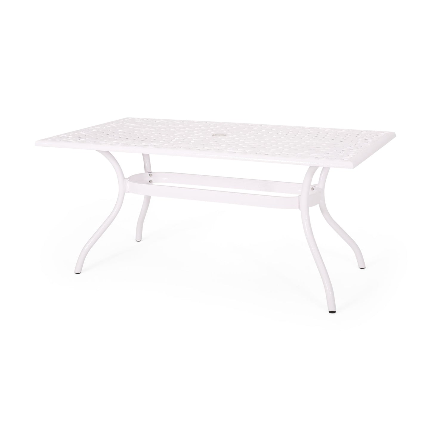 The Celestine Outdoor Cast Aluminum Dining Table features a white rectangular frame, floral lattice-patterned top, curved legs, and a central umbrella holder, shown against a plain white background.