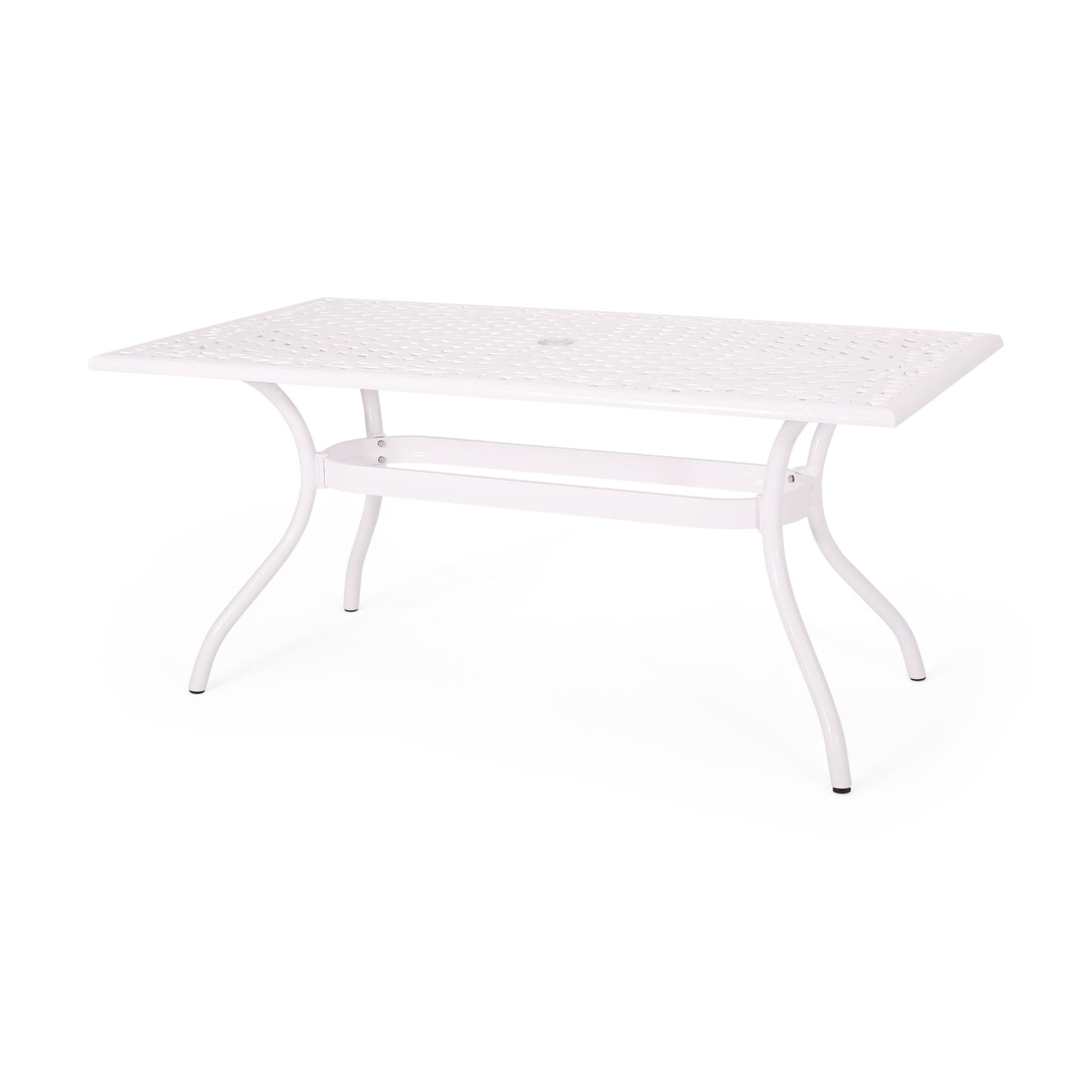 The Celestine Outdoor Cast Aluminum Dining Table features a white rectangular frame, floral lattice-patterned top, curved legs, and a central umbrella holder, shown against a plain white background.