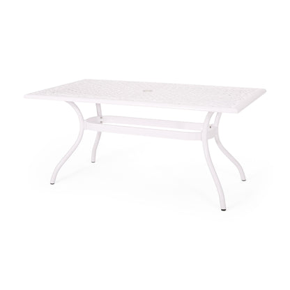 The Celestine Outdoor Cast Aluminum Dining Table features a white rectangular frame, floral lattice-patterned top, curved legs, and a central umbrella holder, shown against a plain white background.