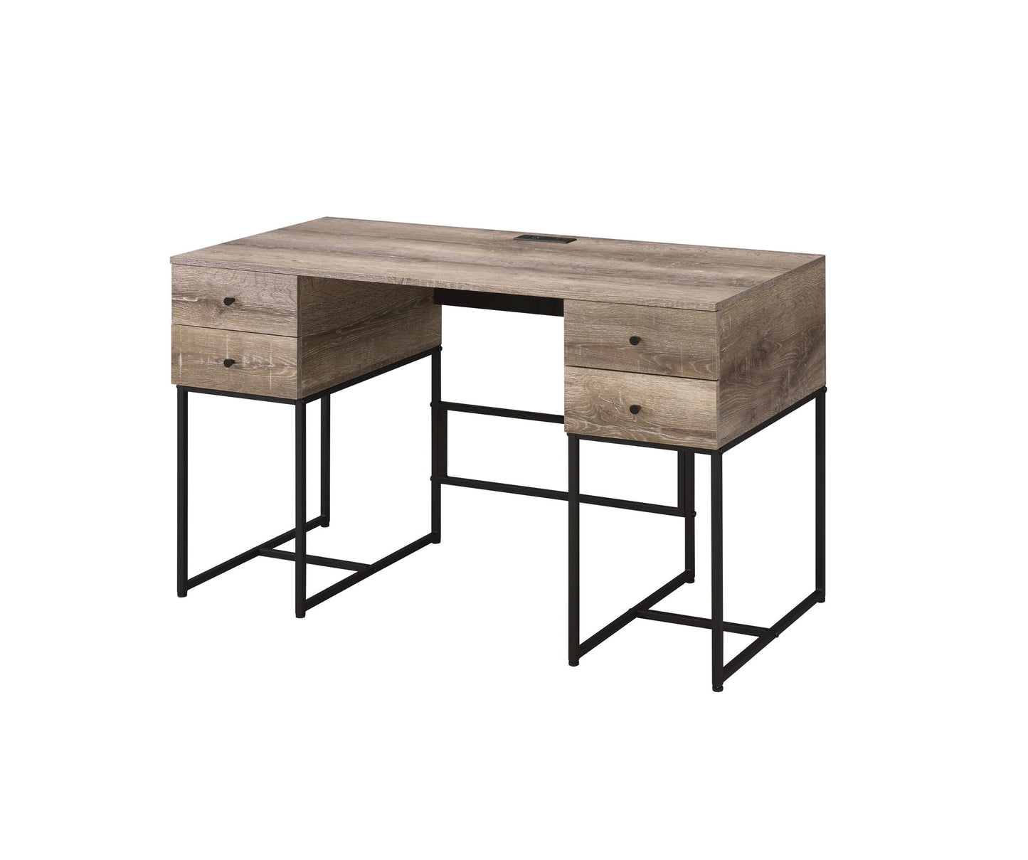 The Desirre Wirting Desk With USB Port in oak features a rectangular wooden tabletop, four drawers—two per side—and minimalist black metal legs with a geometric frame.