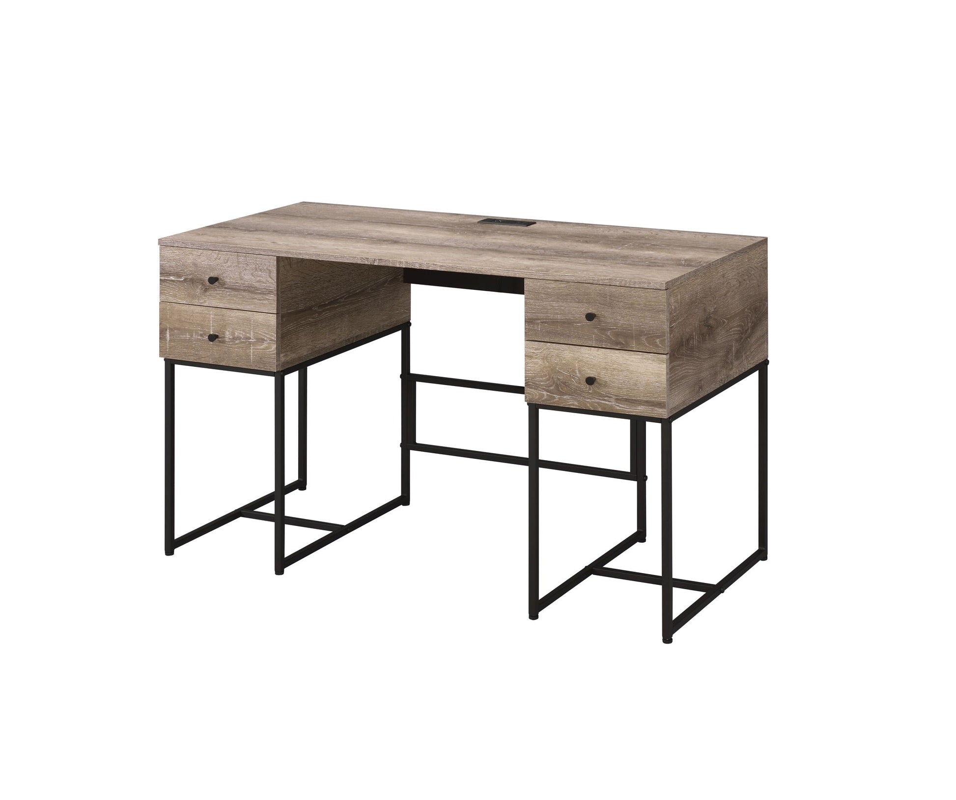 The Desirre Wirting Desk With USB Port in oak features a rectangular wooden tabletop, four drawers—two per side—and minimalist black metal legs with a geometric frame.