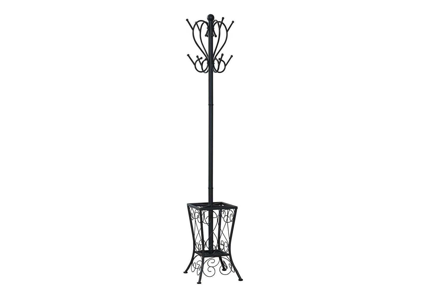 The black free-standing coat rack features 8 hooks, a decorative umbrella holder, and stands on four feet. This transitional hall tree is perfect for entryways.
