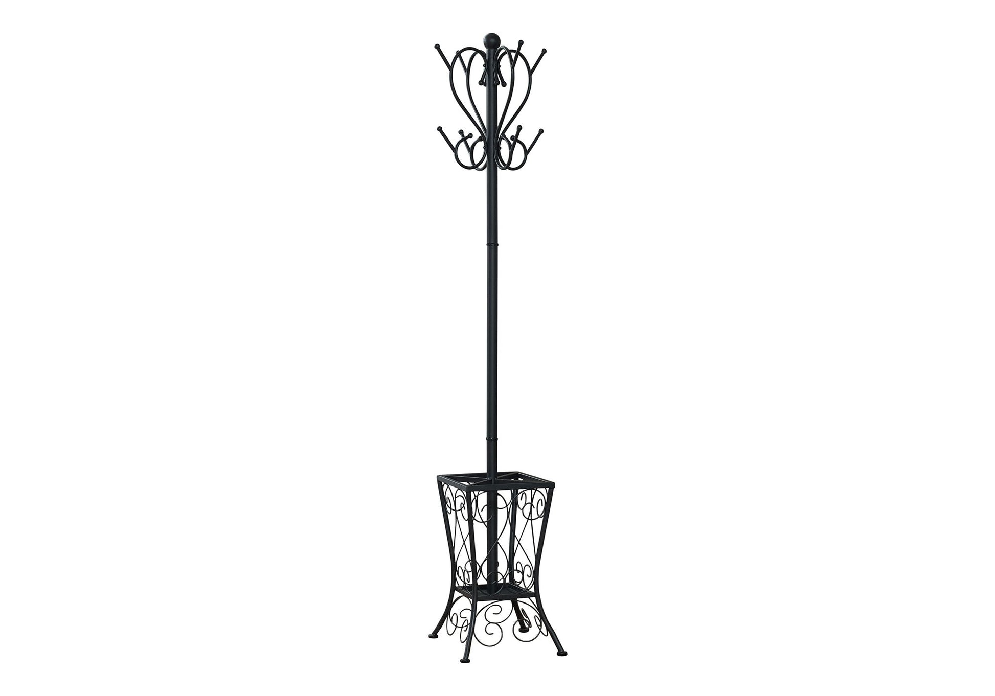 The black free-standing coat rack features 8 hooks, a decorative umbrella holder, and stands on four feet. This transitional hall tree is perfect for entryways.