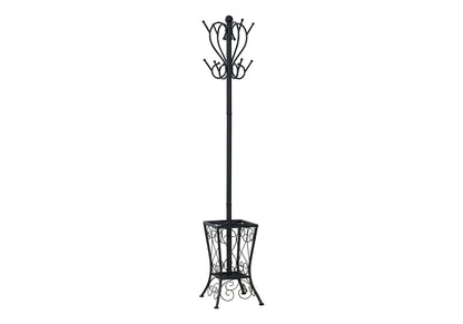 The black free-standing coat rack features 8 hooks, a decorative umbrella holder, and stands on four feet. This transitional hall tree is perfect for entryways.