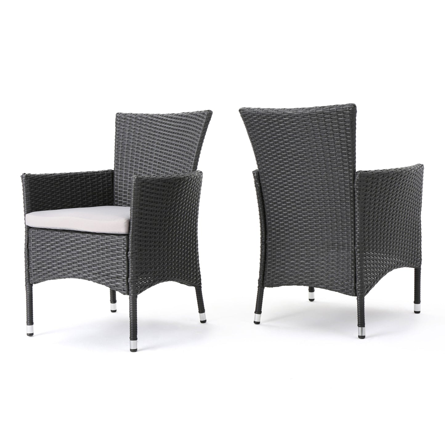 Set of 2 Dimensional Outdoor Dining Chairs with armrests and light gray cushions, featuring dark gray wicker and iron frames, shown from front and back angles against a white background.