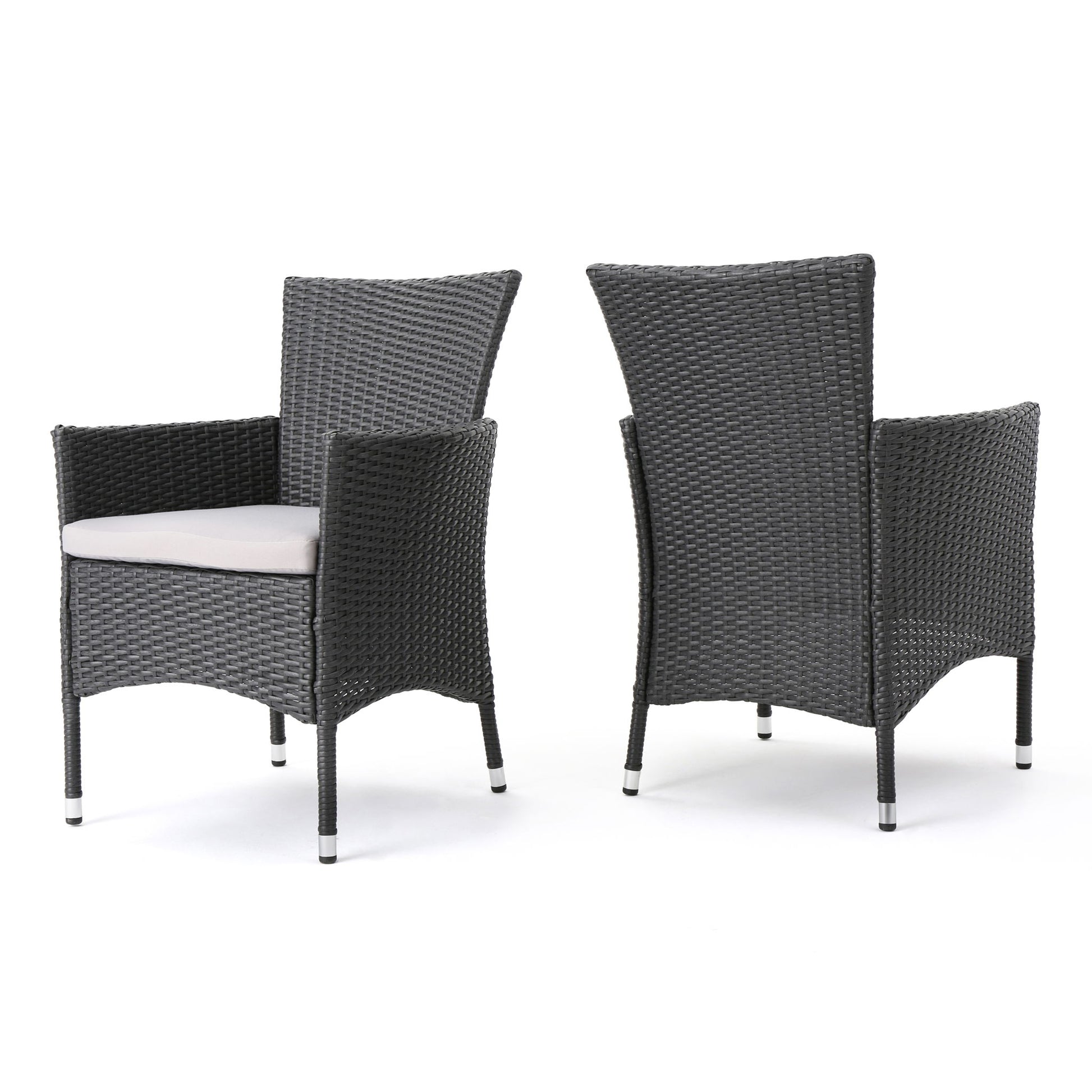 Set of 2 Dimensional Outdoor Dining Chairs with armrests and light gray cushions, featuring dark gray wicker and iron frames, shown from front and back angles against a white background.
