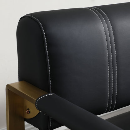 Close-up of the Modern Upholstery Accent Loveseat Sofa—a 2-seater with a black leather backrest featuring white stitching and sleek golden metal arms, set against a plain white wall.