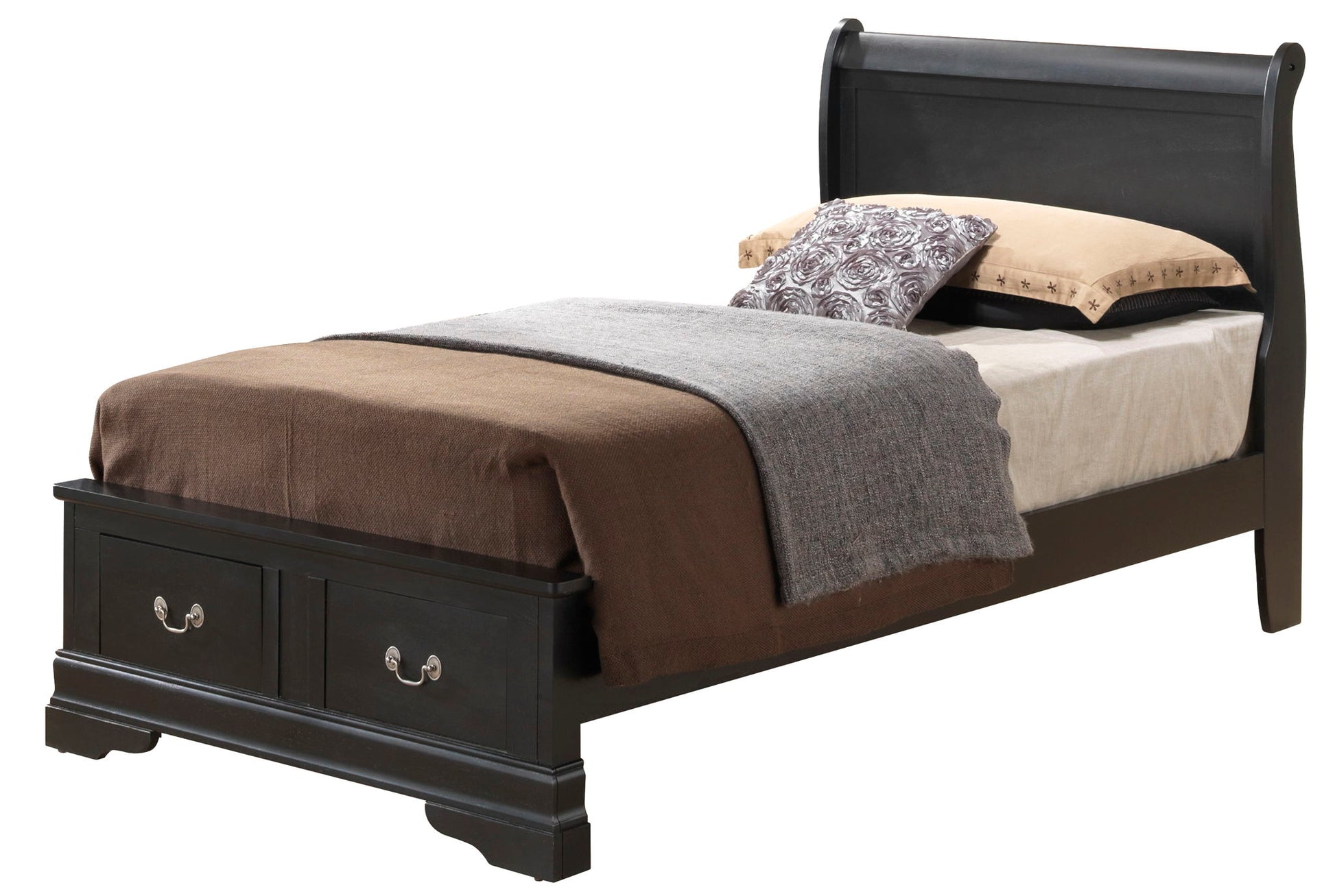 The Louis Phillipe Storage Bed features a dark wood finish, a high headboard, two footboard drawers, and is styled with brown, beige, and gray bedding plus two decorative pillows at the head.