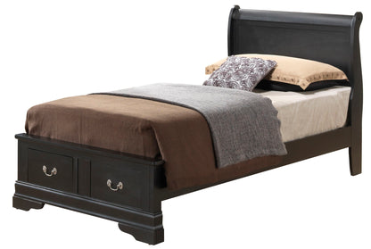 The Louis Phillipe Storage Bed features a dark wood finish, a high headboard, two footboard drawers, and is styled with brown, beige, and gray bedding plus two decorative pillows at the head.
