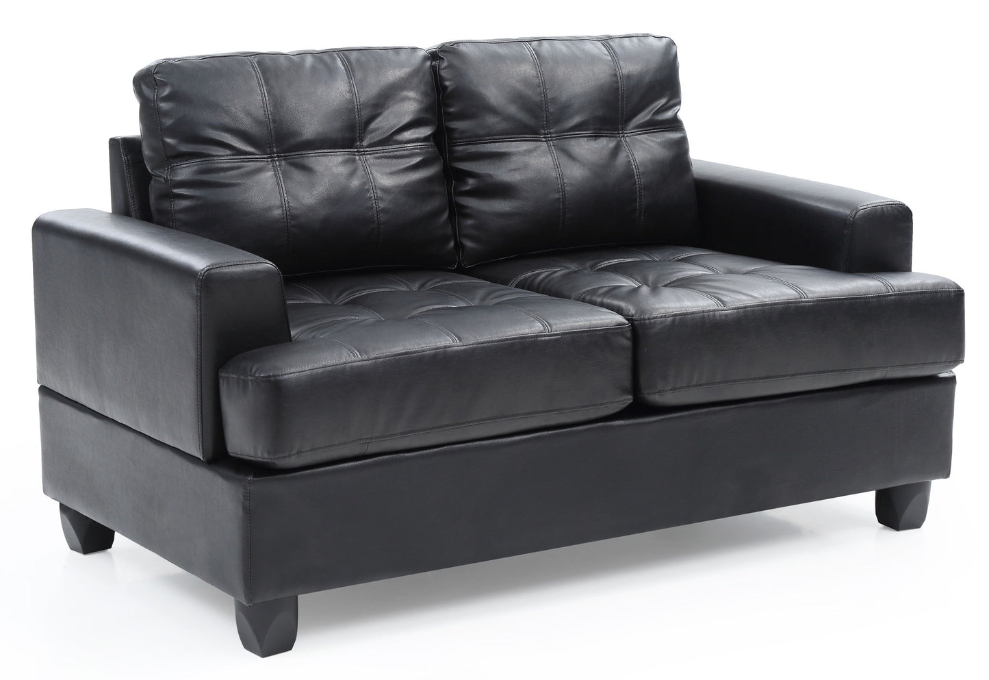The Stylish Transitional Loveseat For Two features black leather upholstery, tufted cushions, square armrests, and short wooden legs, shown against a white background.