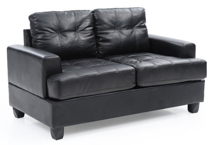 The Stylish Transitional Loveseat For Two features black leather upholstery, tufted cushions, square armrests, and short wooden legs, shown against a white background.