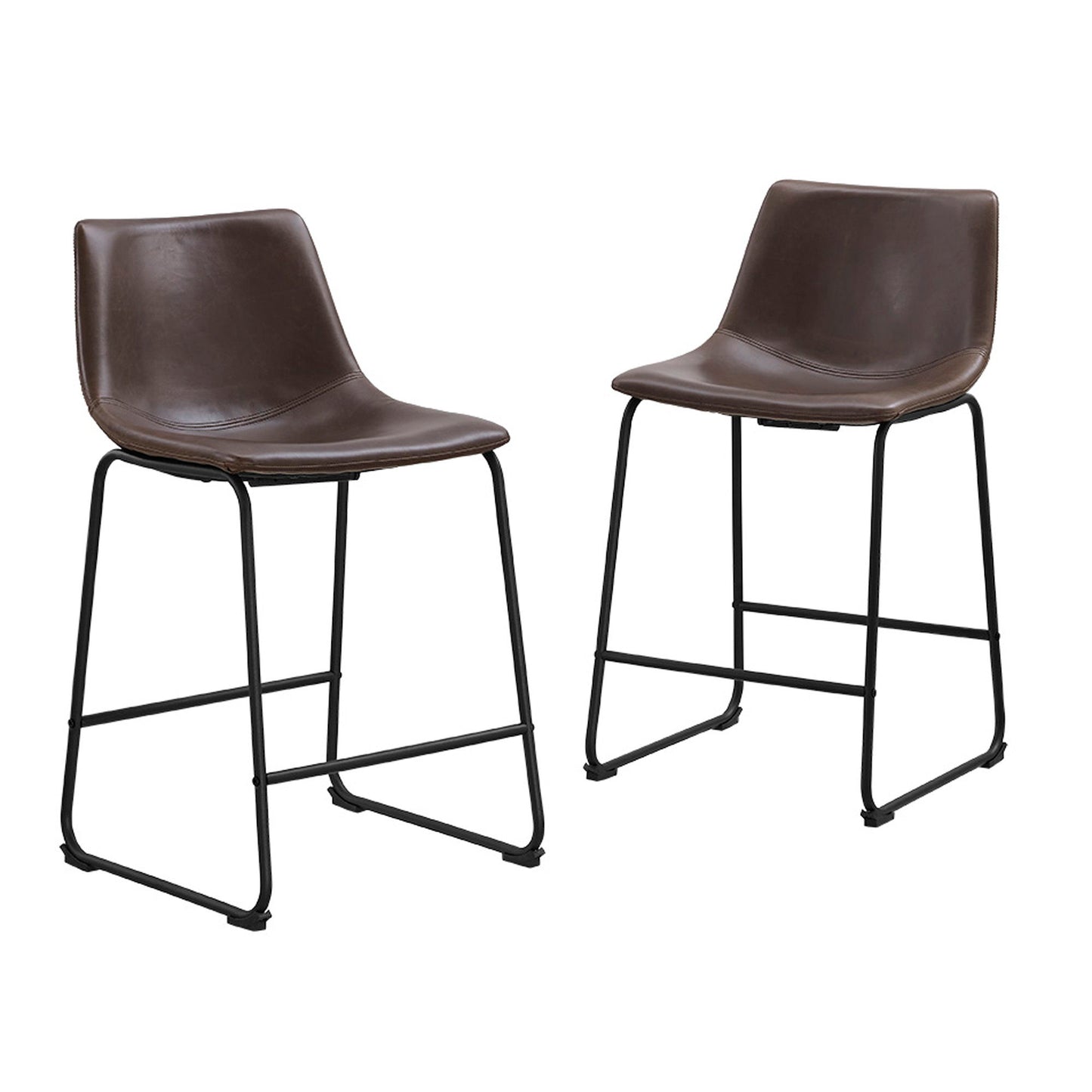 The Industrial Counter Stools (Set of 2) feature brown curved seats, black metal legs, footrests, and slightly angled backrests. Their minimalist design is showcased in a modern setting with a white background.