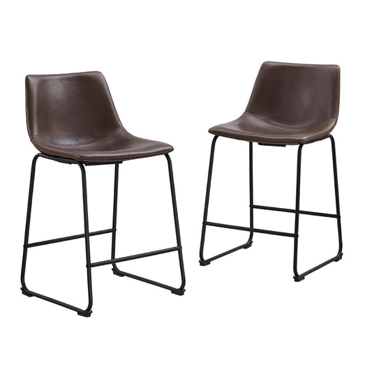 The Industrial Counter Stools (Set of 2) feature brown curved seats, black metal legs, footrests, and slightly angled backrests. Their minimalist design is showcased in a modern setting with a white background.