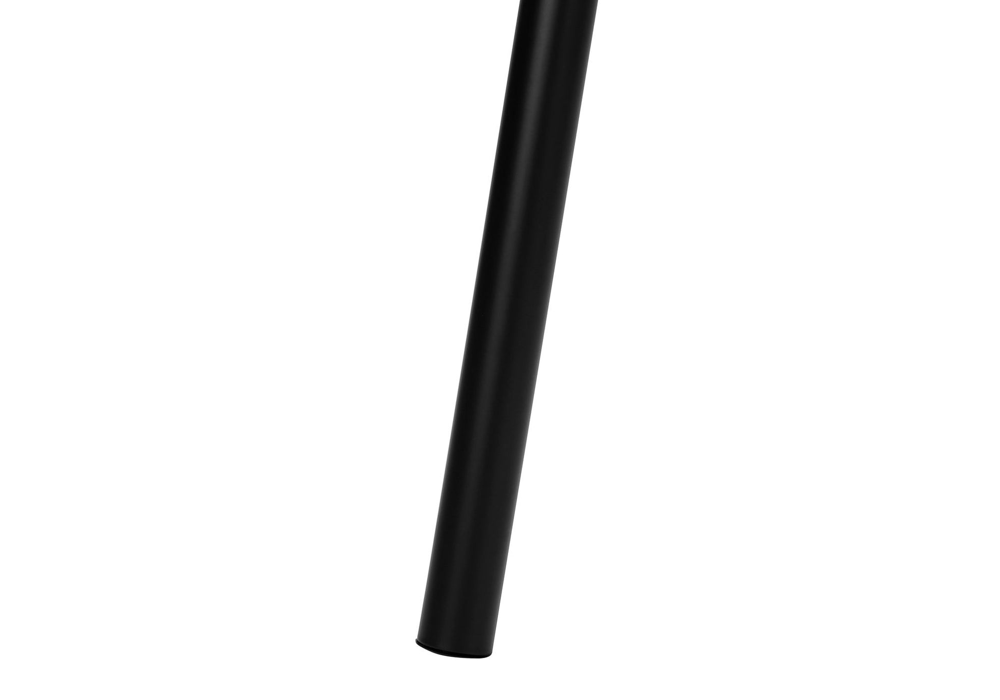 A contemporary floor lamp with a single black cylindrical metal leg is angled against a white background.