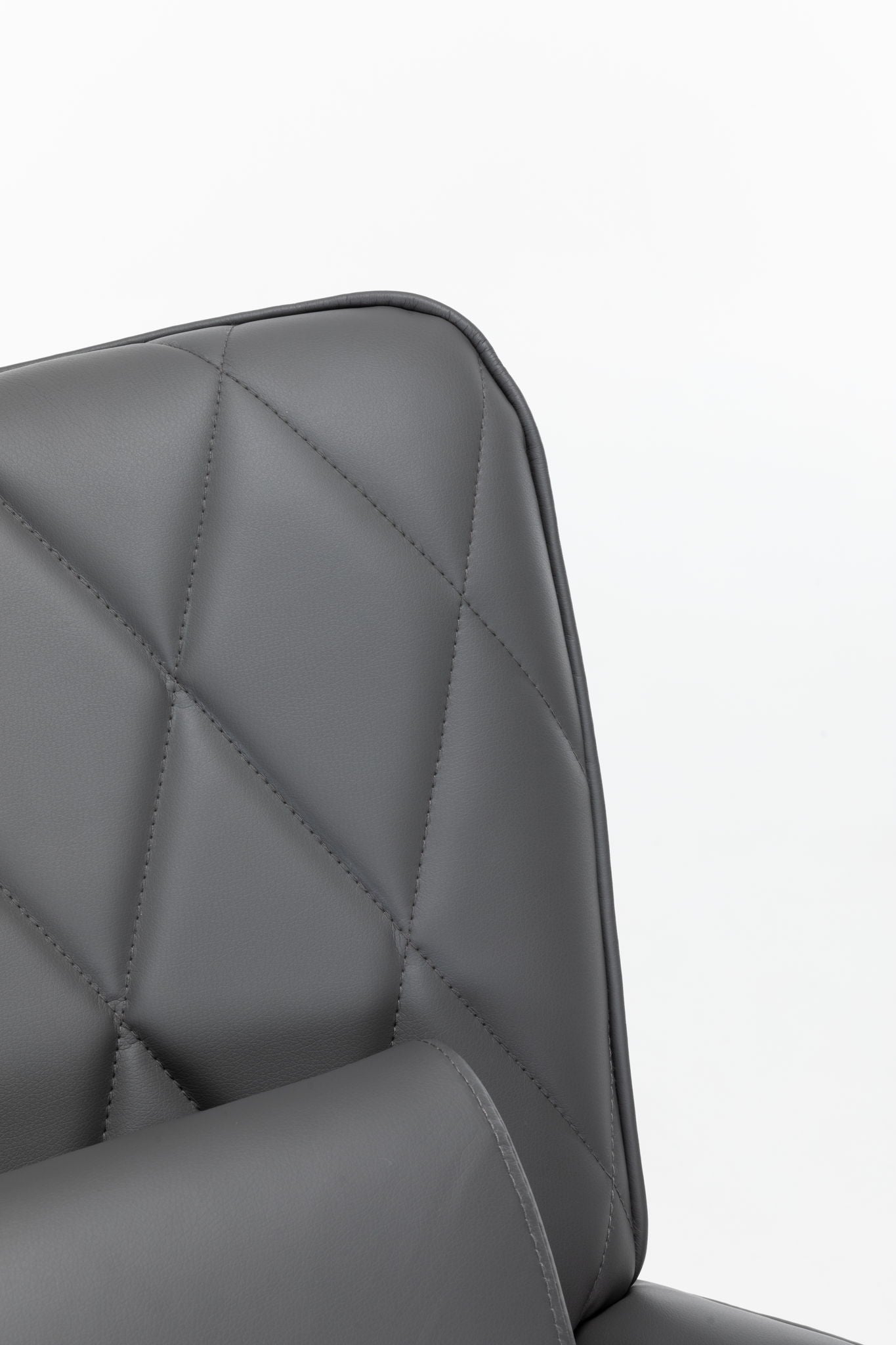 Close-up of the upper backrest of the Rocking Accent Chair With Lumbar Pillow And Ottoman in modern gray leather with diamond-patterned stitching, set against a plain white background.