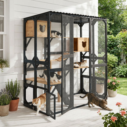 Outdoor Cat Enclosure With Sleeping Houses, Jumping Platforms, Scratching Post