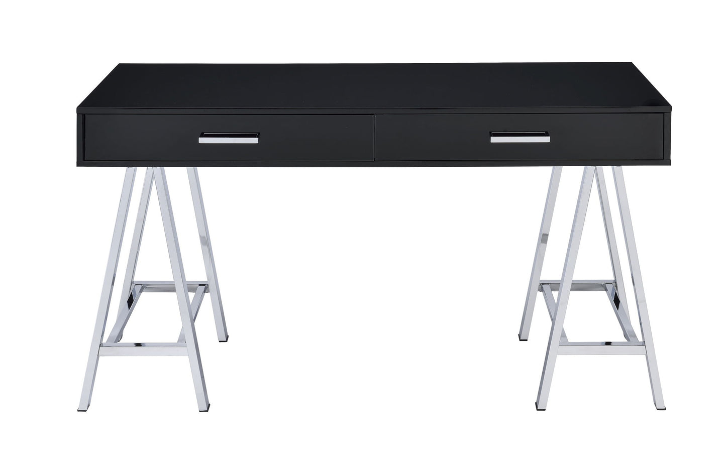 The Coleen - High Gloss Writing Desk With USB features a modern black finish, two drawers, and chrome metal trestle-style legs, shown against a white background.
