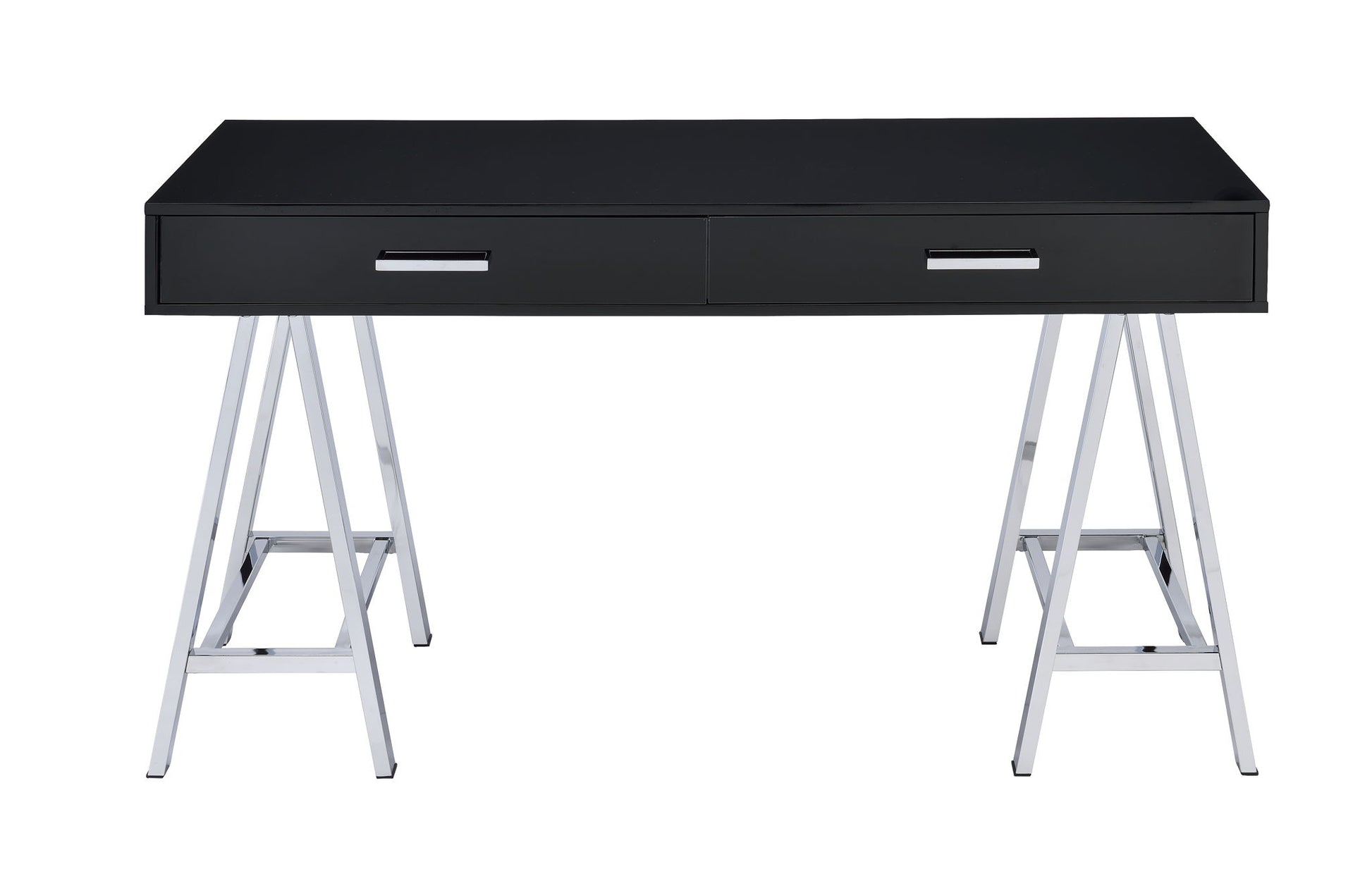 The Coleen - High Gloss Writing Desk With USB features a modern black finish, two drawers, and chrome metal trestle-style legs, shown against a white background.