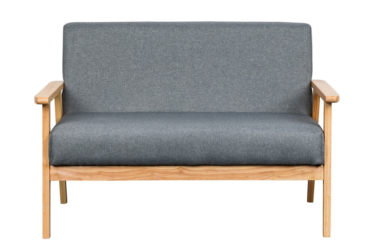 The Bahamas Loveseat features a light wooden frame, straight armrests, and gray upholstered seat and backrest, shown from the front against a white background.