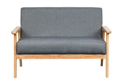 The Bahamas Loveseat features a light wooden frame, straight armrests, and gray upholstered seat and backrest, shown from the front against a white background.