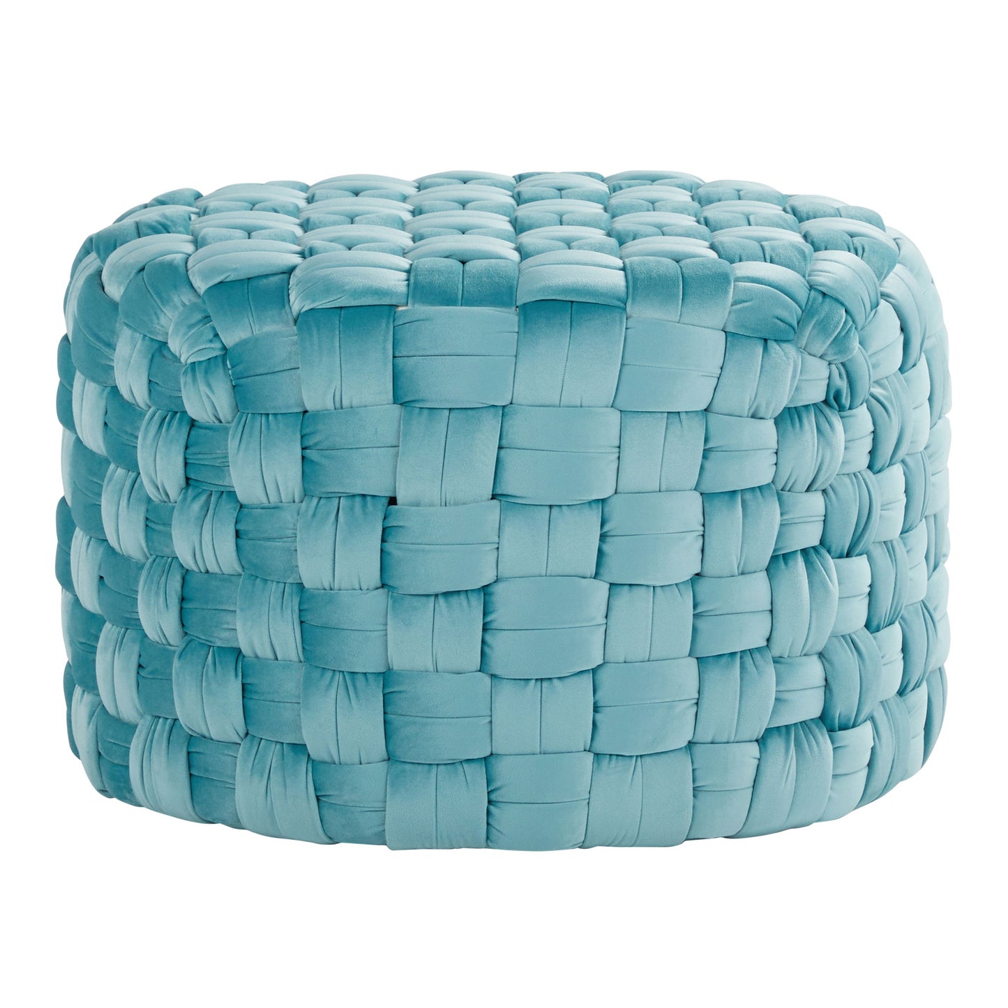 The Braided - Versatile Round Ottoman features a chunky, woven basket-like texture in light blue fabric, shown against a white background.
