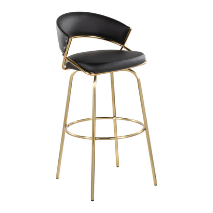 The Jie Fixed Height Contemporary Barstool (Set of 2) features a black cushioned seat and backrest, curved gold metal frame, four slender gold legs, and a round footrest.