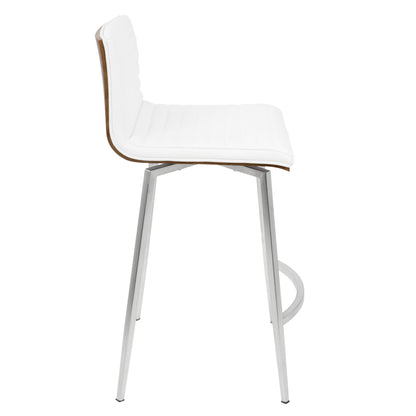 The Mason - Contemporary Swivel Counter Stool (Set of 2) features a white padded seat and backrest, slim metal legs with a footrest, and a wooden accent trim. Shown from the side on a plain white background.