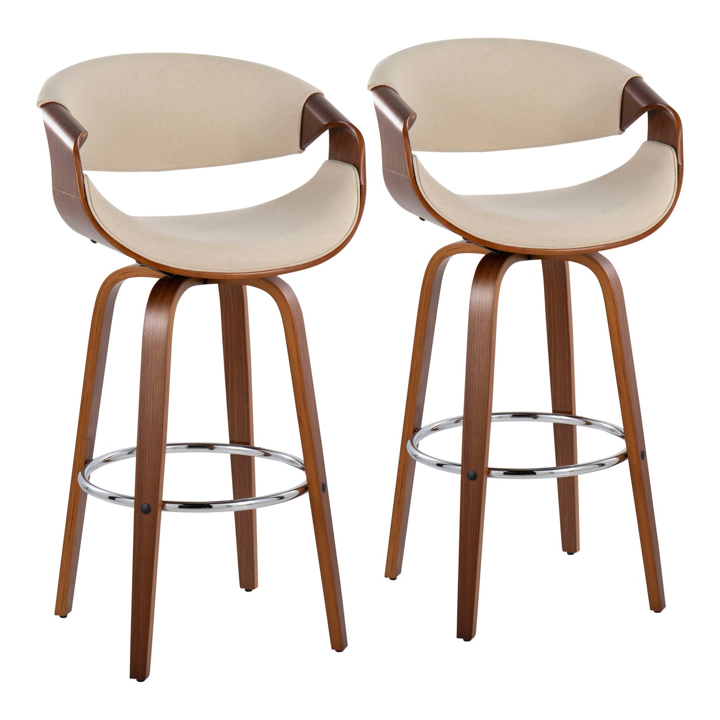 The Curvini Mid-Century Modern Fixed Height Barstool with Swivel (Set of 2) features curved wooden frames, beige cushioned seats and backs, metal footrests, and four angled legs for a stylish blend of mid-century and contemporary design.