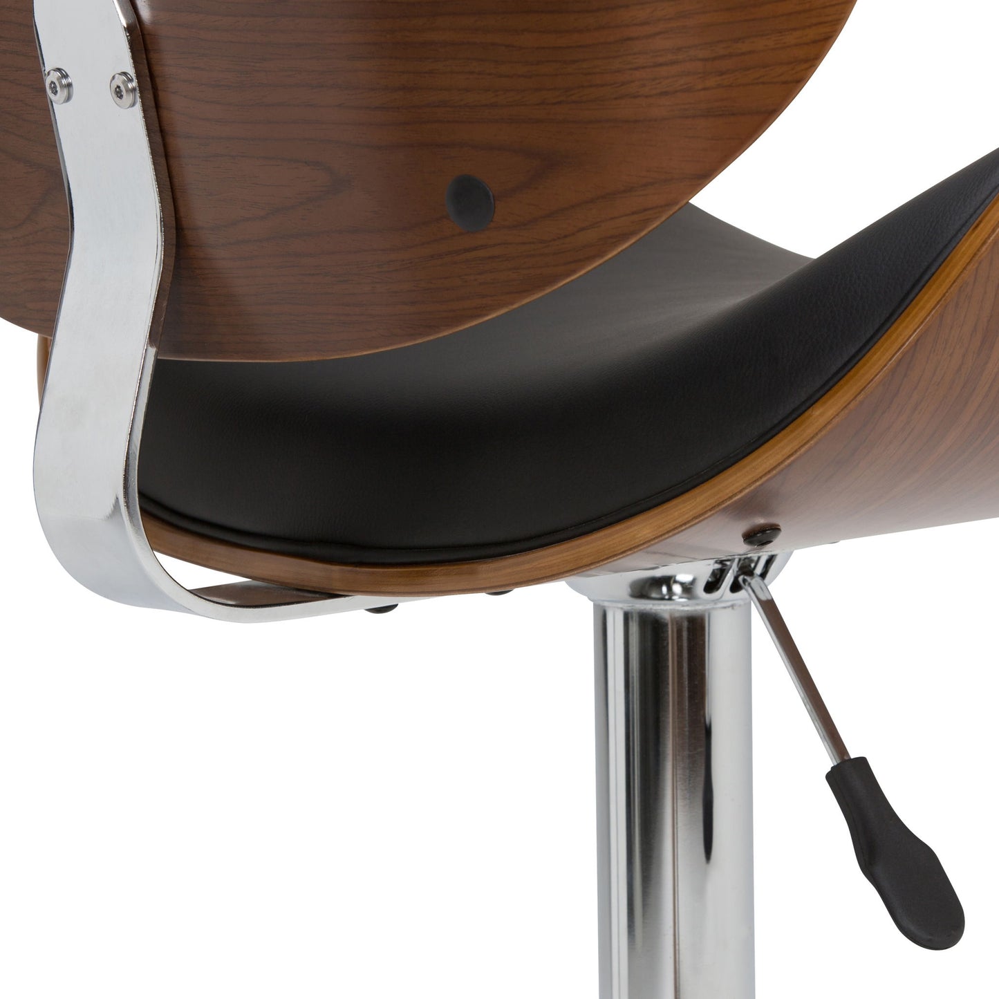 Close-up of the Marana Multifunctional Handcrafted Bentwood Adjustable Swivel Bar Stool featuring a curved wood back, black cushion seat, chrome support, and adjustable lever.