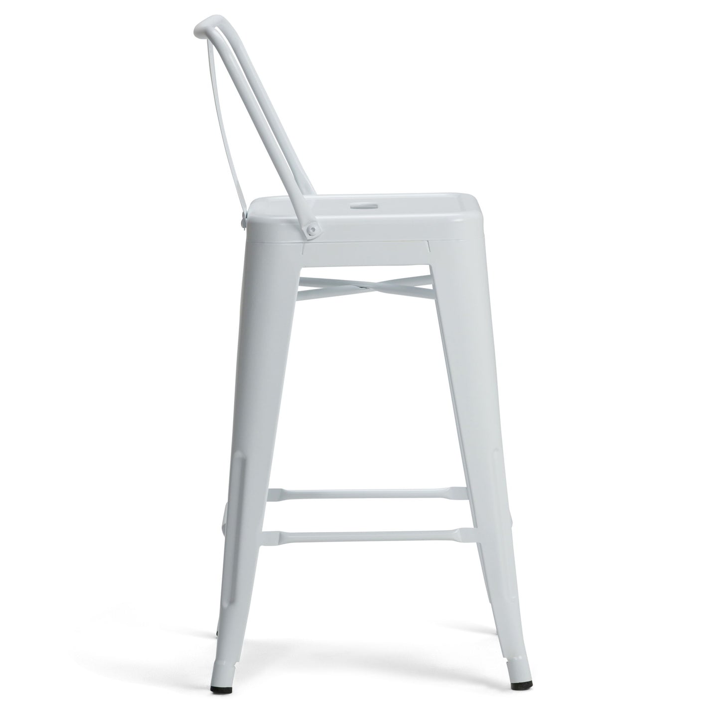 The Rayne - Multifunctional Metal Stool is shown in profile against a white background. It features a white metal frame, low backrest, four straight legs with black tips, footrests, and a modern minimalist design.