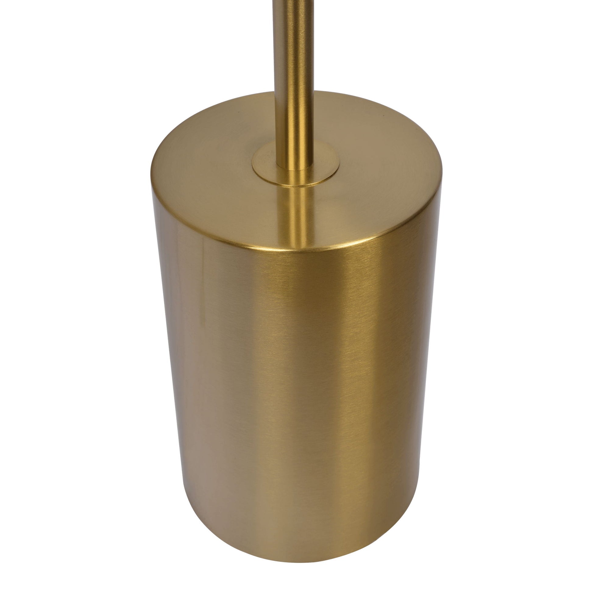 A close-up of the Harmony Floor Lamp, featuring a cylindrical gold body with a matching handle, rotary switch, triple spots, and block base, set against a white background.