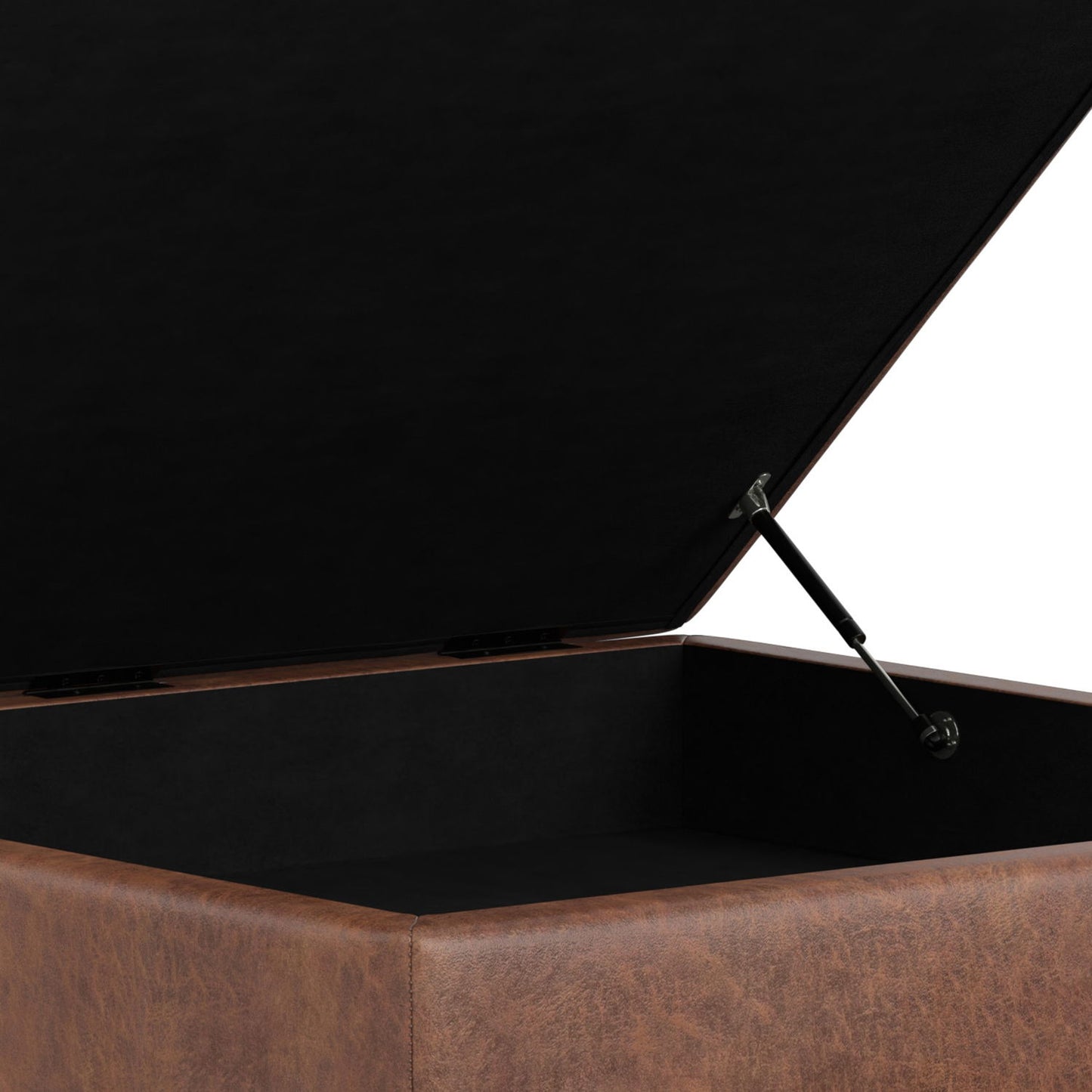 A close-up of the Shiloh Multifunctional Square Storage Ottoman shows its brown leather design and hinged lid open to reveal a spacious black interior.