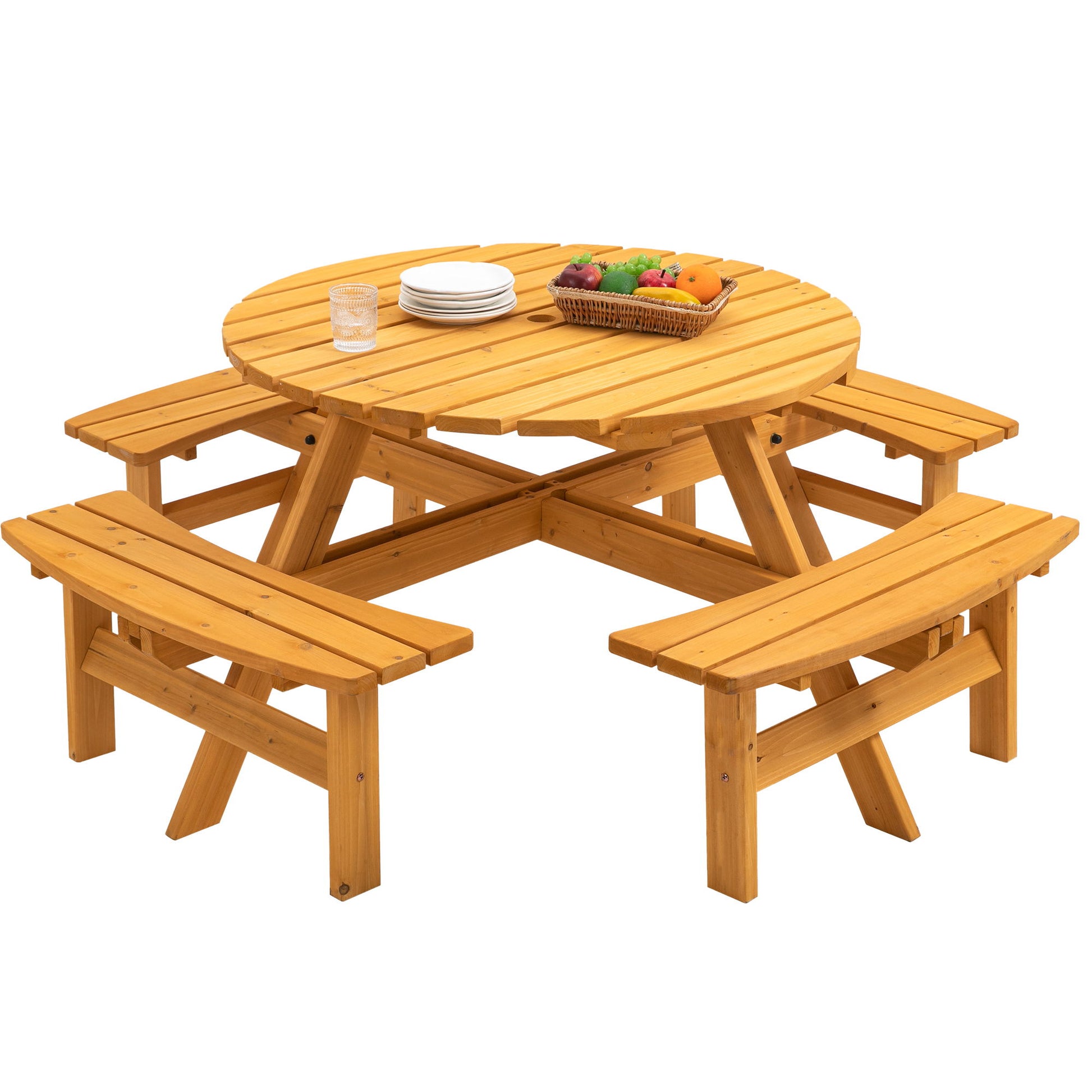 The 8 Person Wooden Picnic Table features 4 built-in benches and a 2220lb capacity, ideal for outdoor dining and camping, with space for items like a fruit basket, plates, and glasses on top.