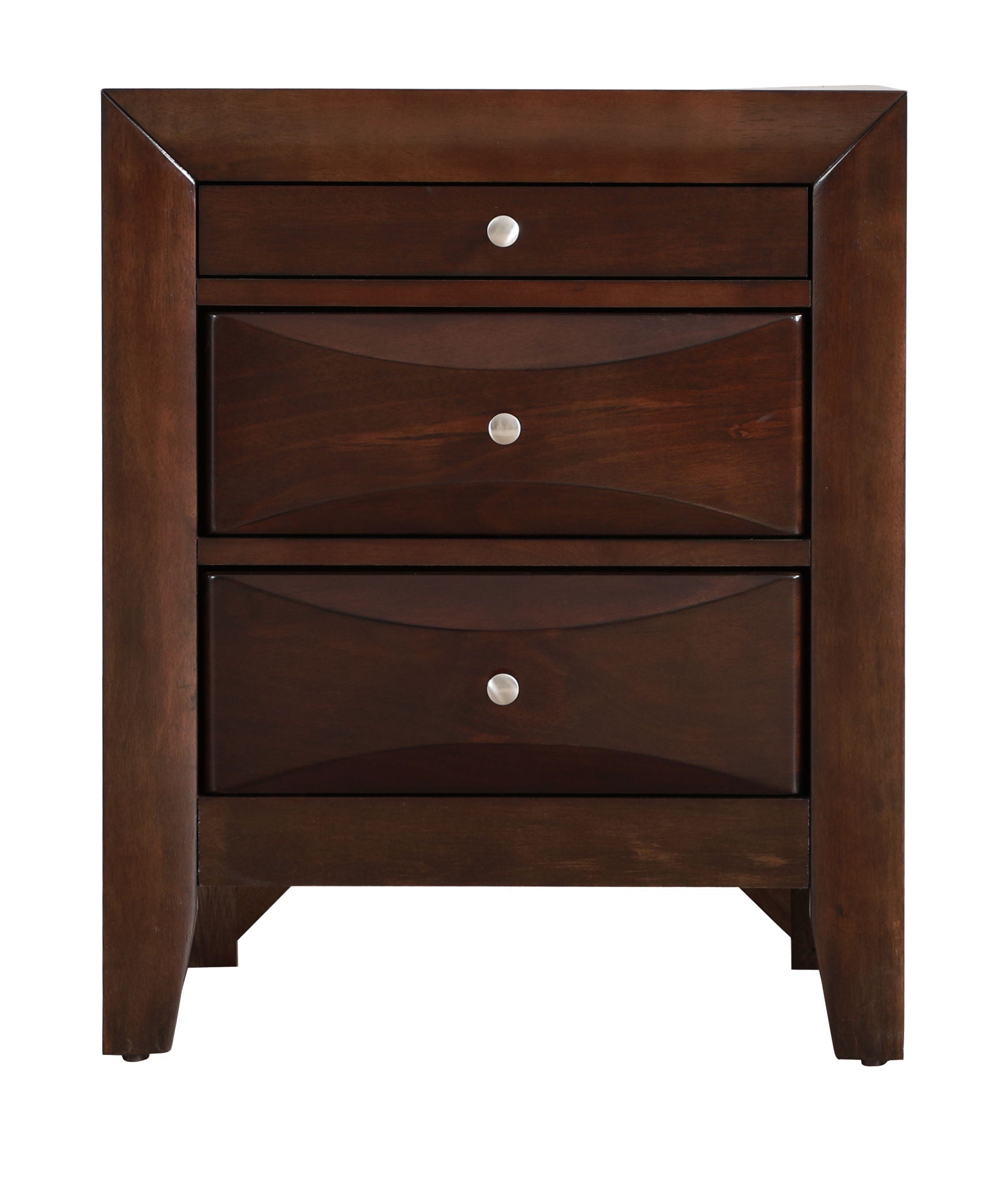 The Marilla Nightstand features a dark wood finish, three drawers with silver knobs, a rectangular design, and slightly tapered legs.