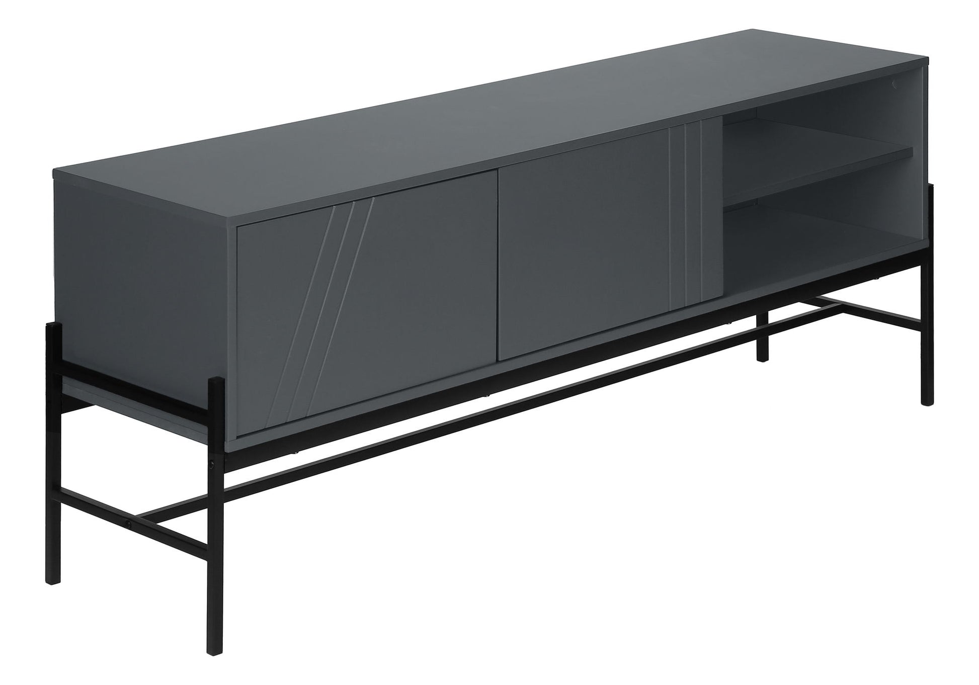 The TV Stand, Console, Media Entertainment Center, Storage Cabinet features a contemporary dark gray design with two closed cabinet doors showcasing subtle diagonal lines, right-side open shelving, and slim black metal legs.
