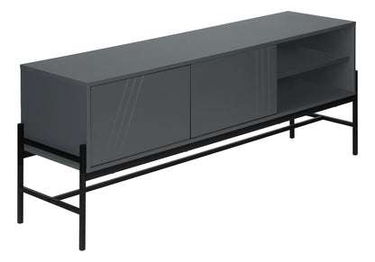 The TV Stand, Console, Media Entertainment Center, Storage Cabinet features a contemporary dark gray design with two closed cabinet doors showcasing subtle diagonal lines, right-side open shelving, and slim black metal legs.