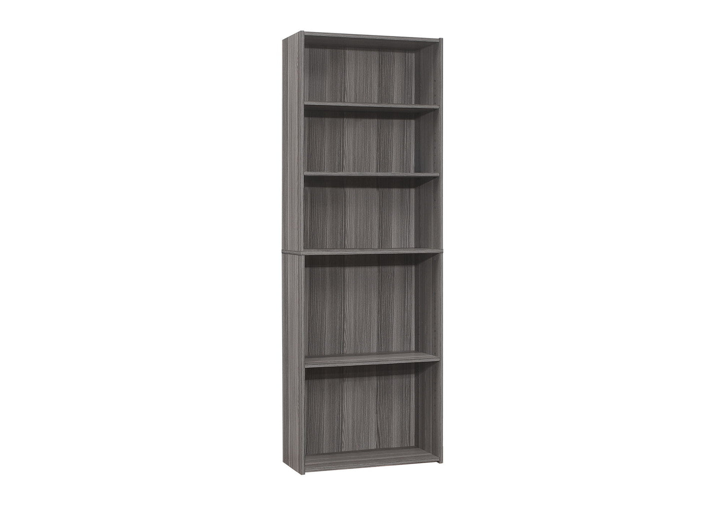 A tall, gray wooden 6-tier bookshelf stands upright against a white background, perfect for office or transitional spaces.