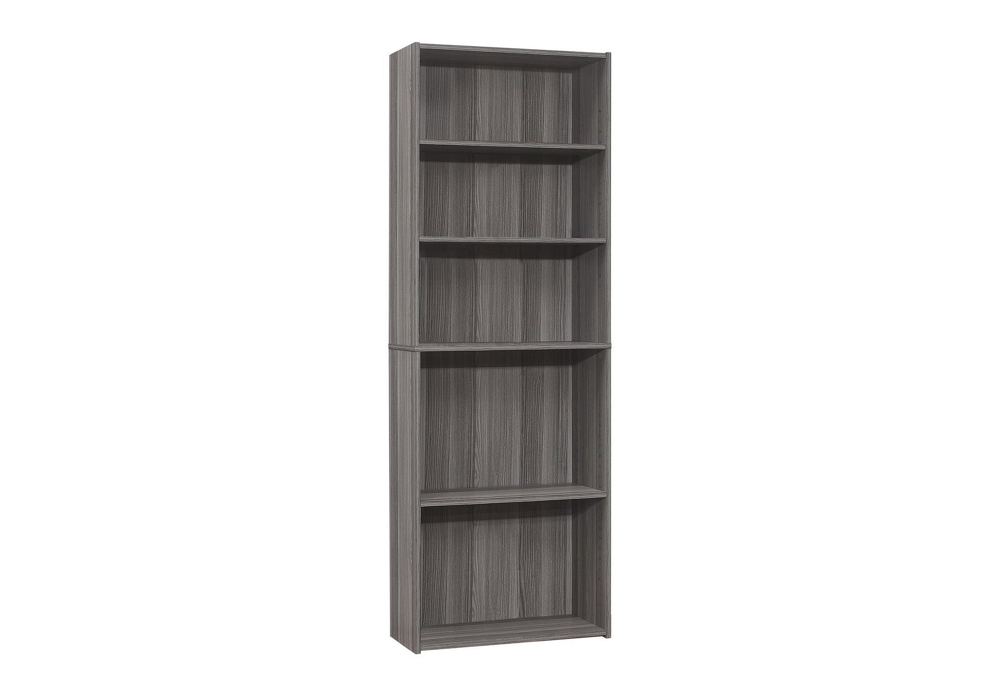 A tall, gray wooden 6-tier bookshelf stands upright against a white background, perfect for office or transitional spaces.
