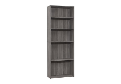 A tall, gray wooden 6-tier bookshelf stands upright against a white background, perfect for office or transitional spaces.