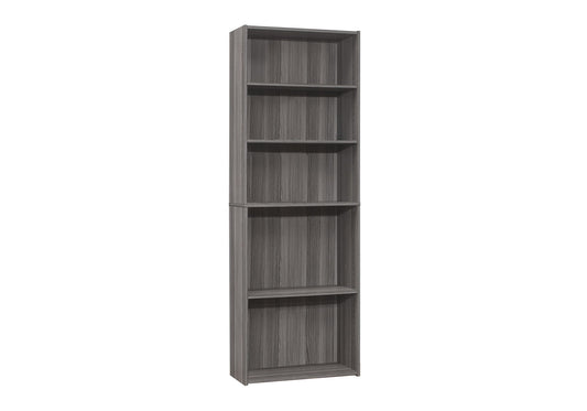 A tall, gray wooden 6-tier bookshelf stands upright against a white background, perfect for office or transitional spaces.